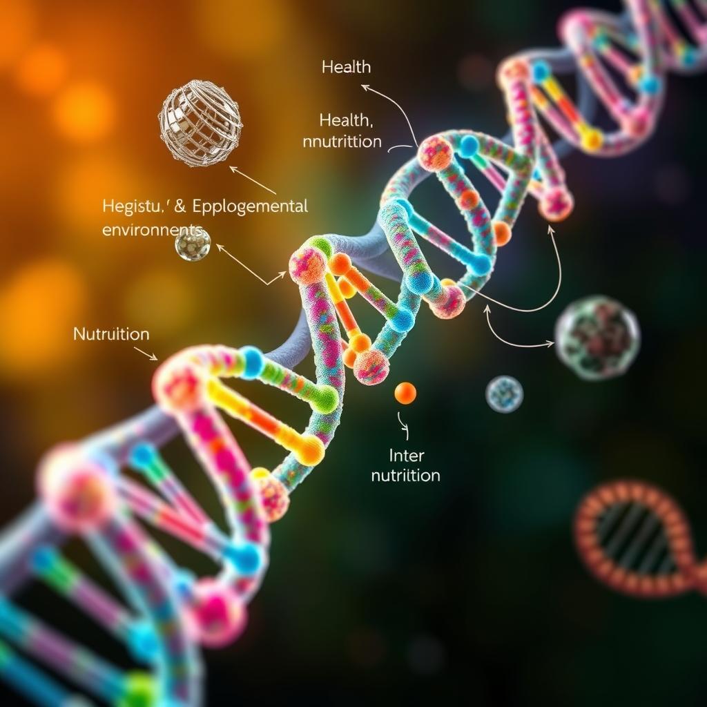 یه تصویر هنری از مفهوم اپیژنتیک و تأثیرات محیطی روی DNA.