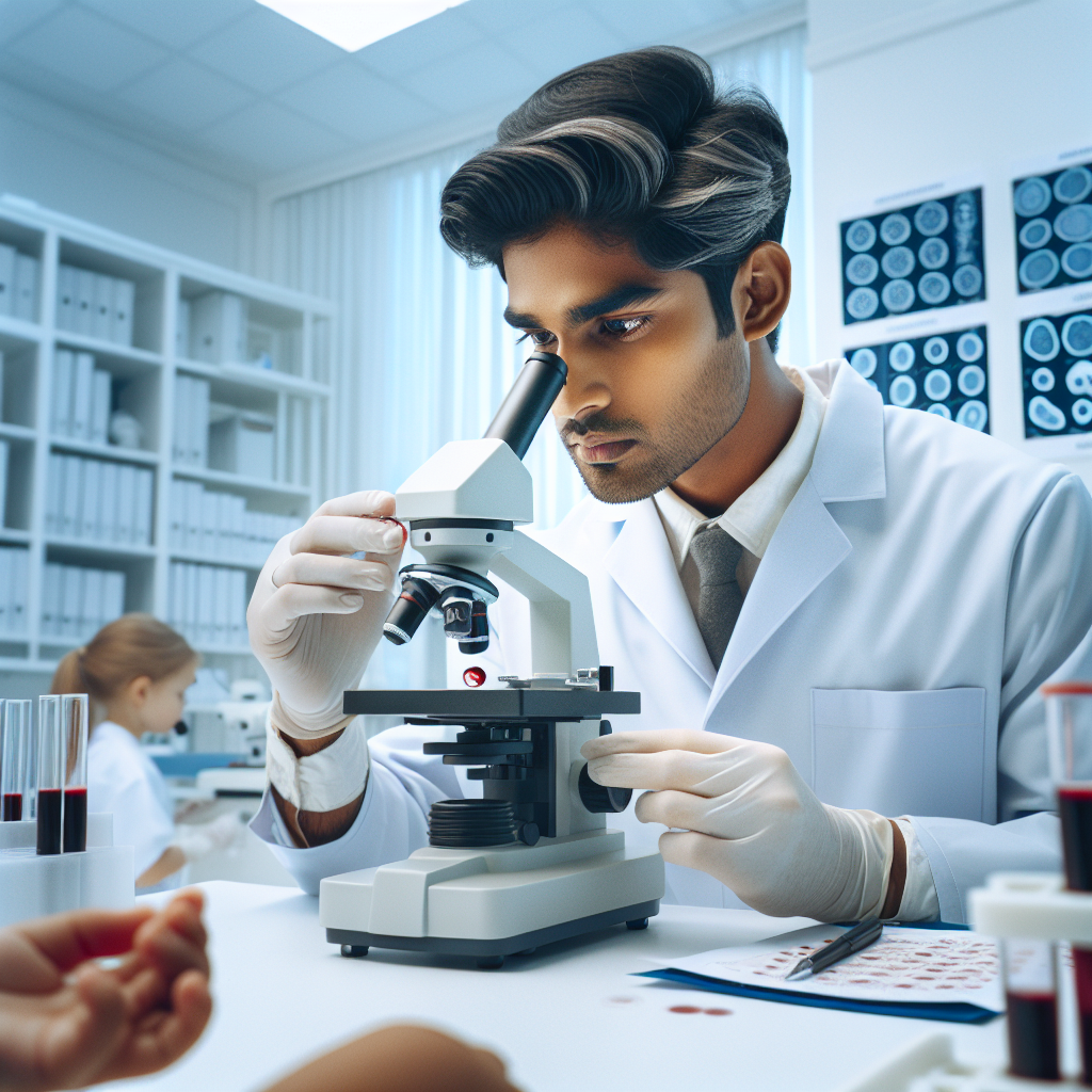 پزشک در حال معاینه نمونه خون یک کودک در آزمایشگاه پزشکی.