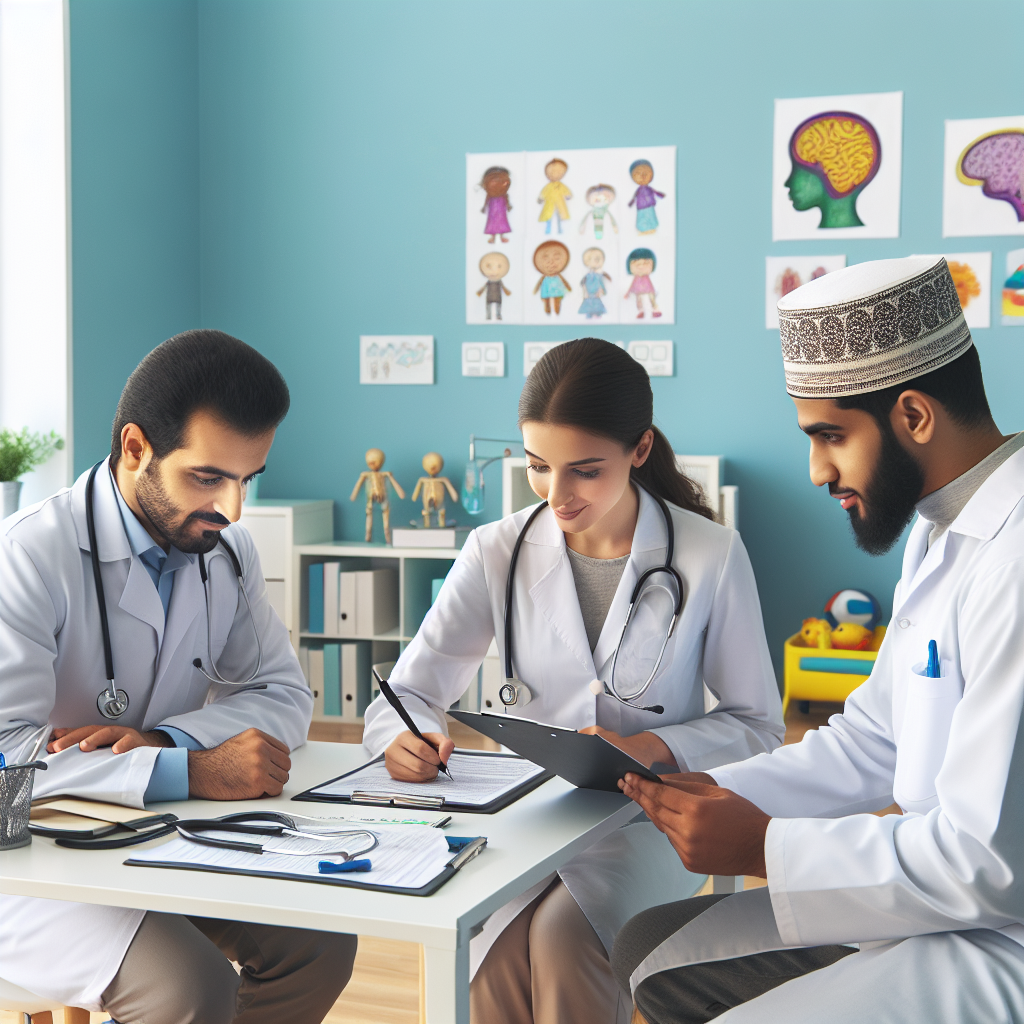 متخصصان پزشکی در حال بررسی نتایج ارزیابی کودک در یک محیط پزشکی دوستی.