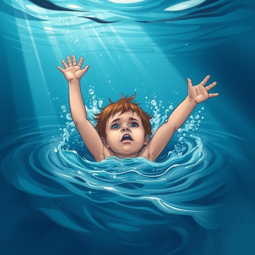 Scene illustrating a child struggling in water, depicting a drowning situation.