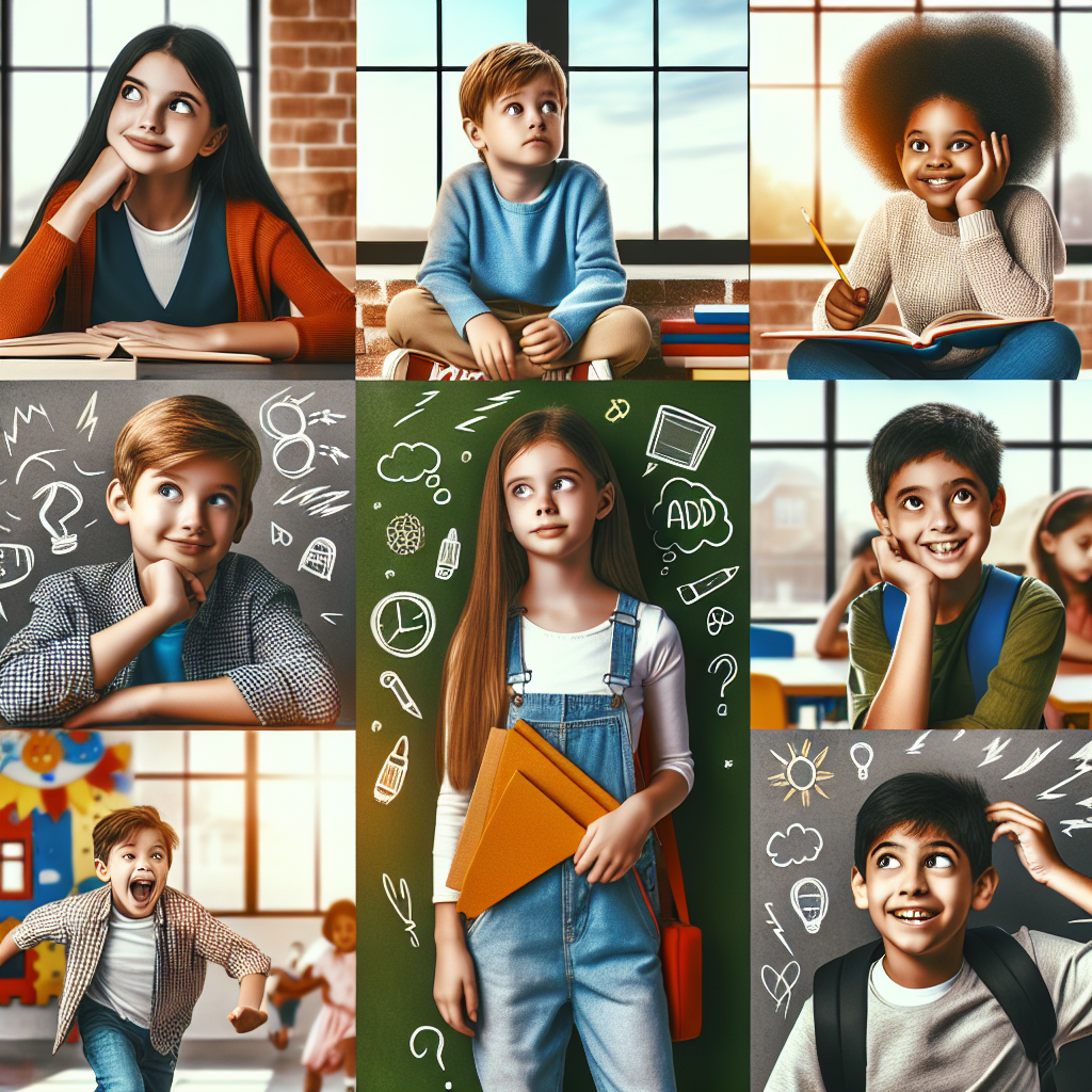 تصویری از گروهی از کودکان با رفتارهای مختلف که علائم ADHD را نشان میدهند و در یک محیط مدرسهای مشغول به فعالیت هستند.