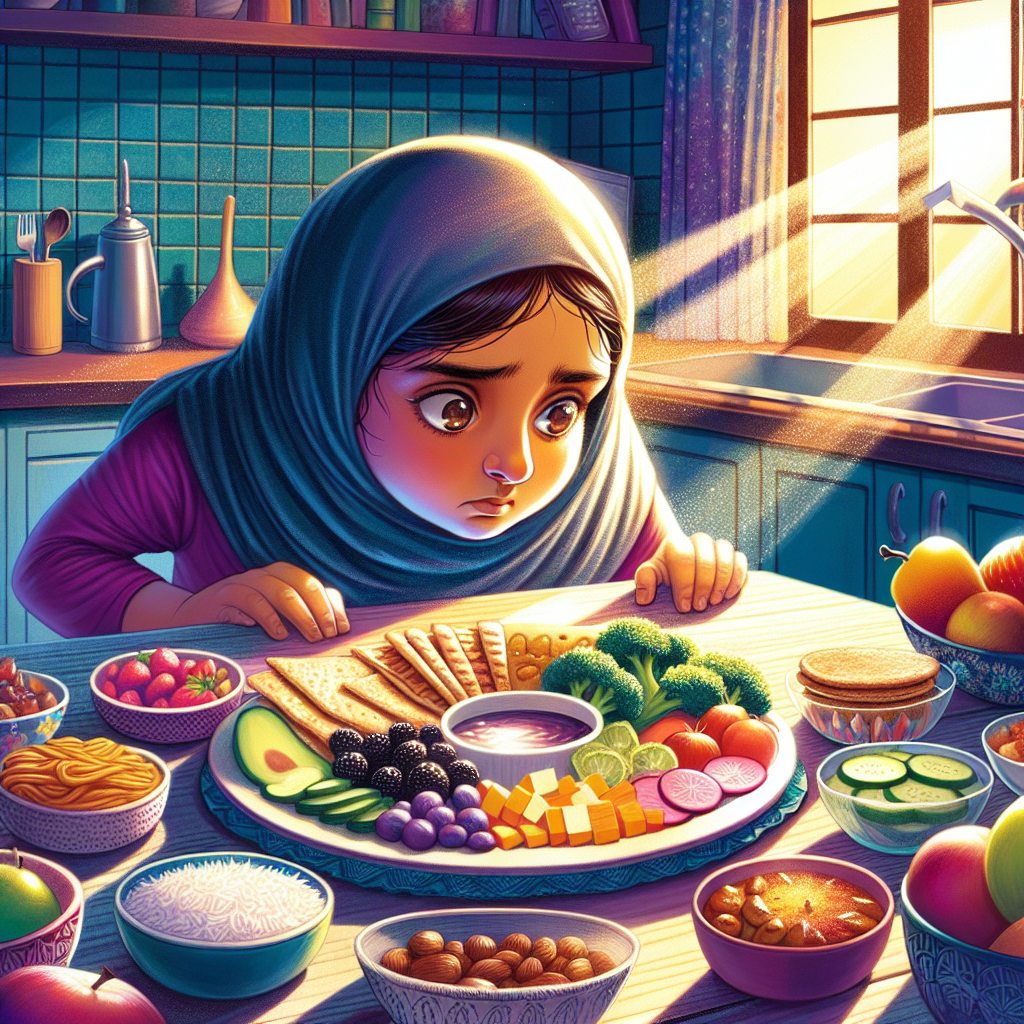 تصویری از یک کودک که با احساسات مختلط به یک بشقاب غذاهای متنوع نگاه میکند، نشاندهنده احساسات مرتبط با ARFID.