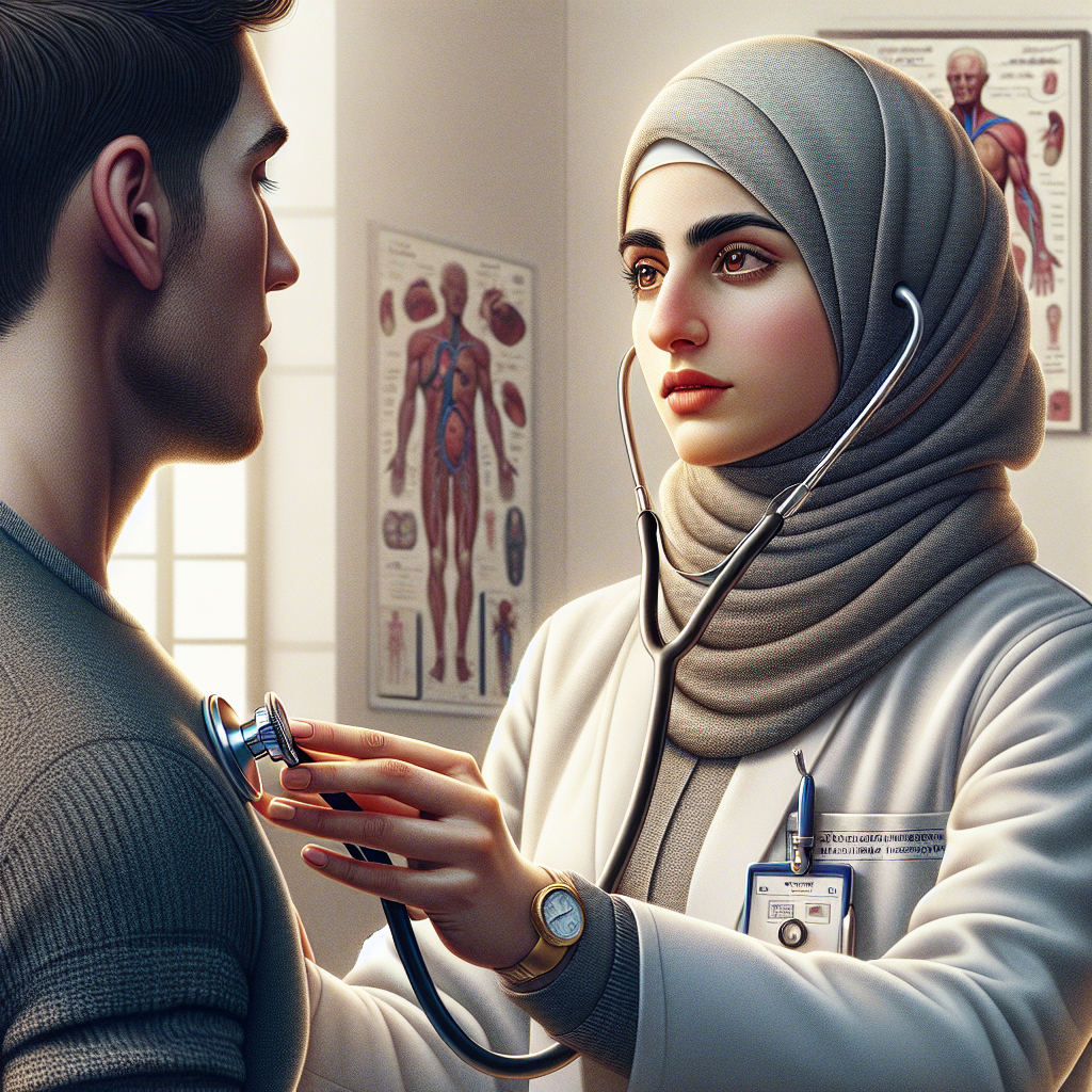 تصاویر یک پزشک در حال بررسی قلب یک بیمار با استفاده از گوشی پزشکی و تجهیزات پزشکی در پسزمینه.