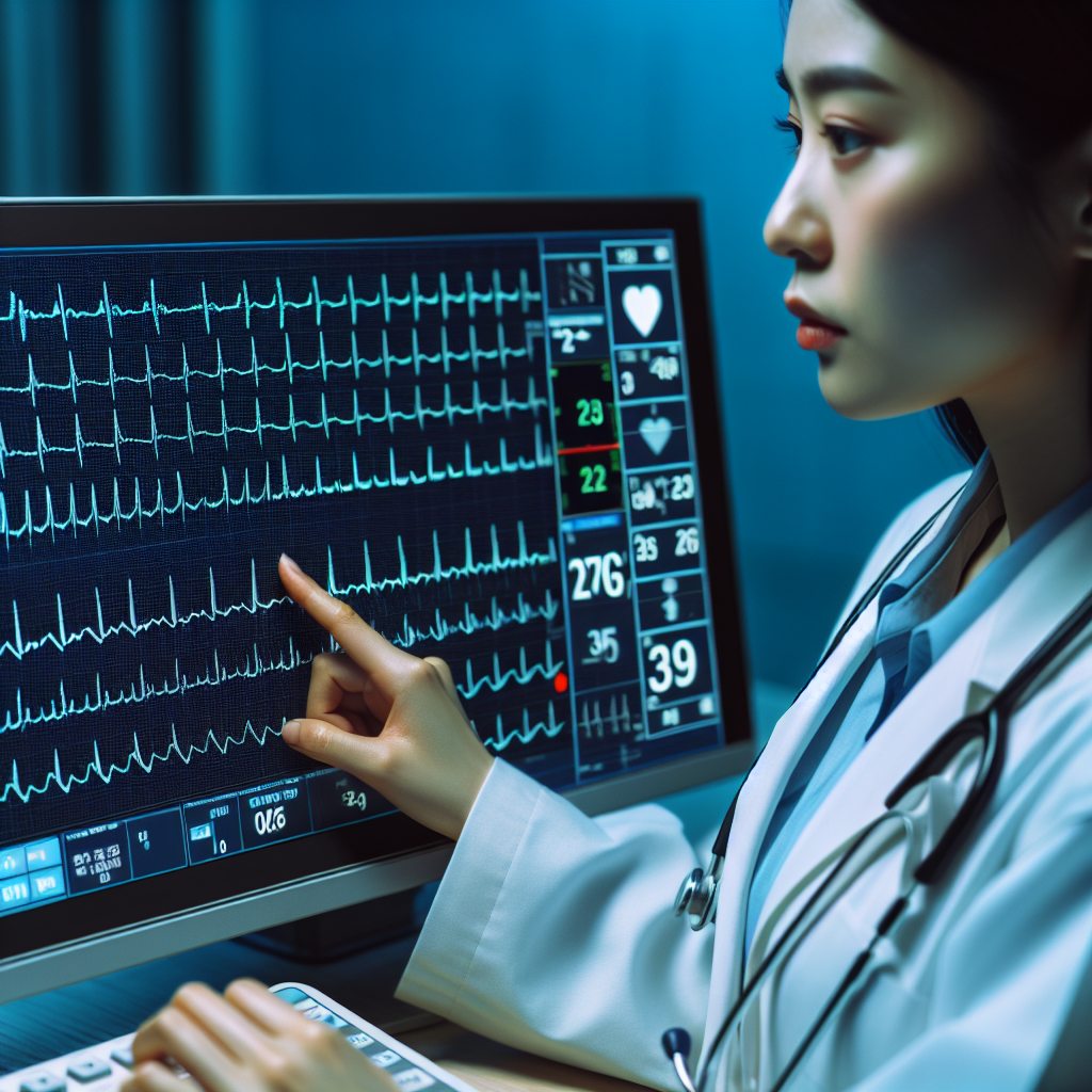 نظارهای نزدیک از فعالیت الکتریکی قلب بر روی مانیتور الکتروکاردیوگرام (EKG) در محیط بالینی.